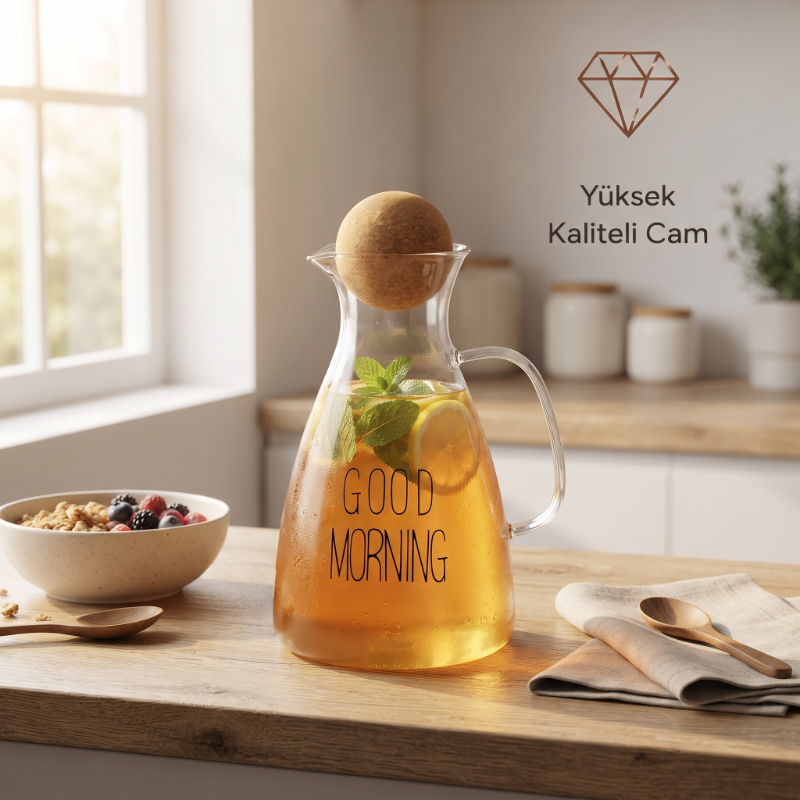 Yuvarlak Mantar Kapaklı Sürahi - 1500 ml - Yüksek Kaliteli Cam  - 2